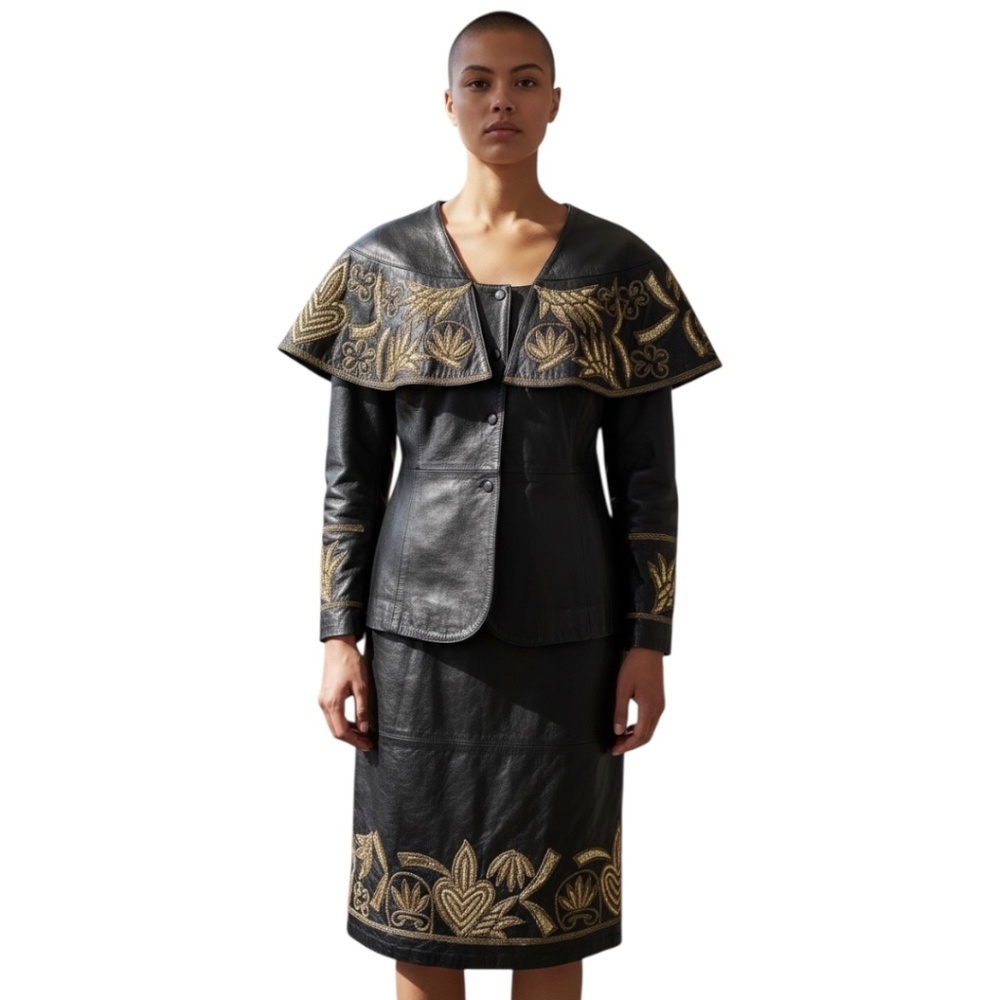 Vintage Raw Basix Genuine Leather Women’s Embroidered Beaded Black Leather XL